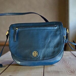 Tory Burch Blue Brody Crossbody Leather Saddle Bag Classic Logo